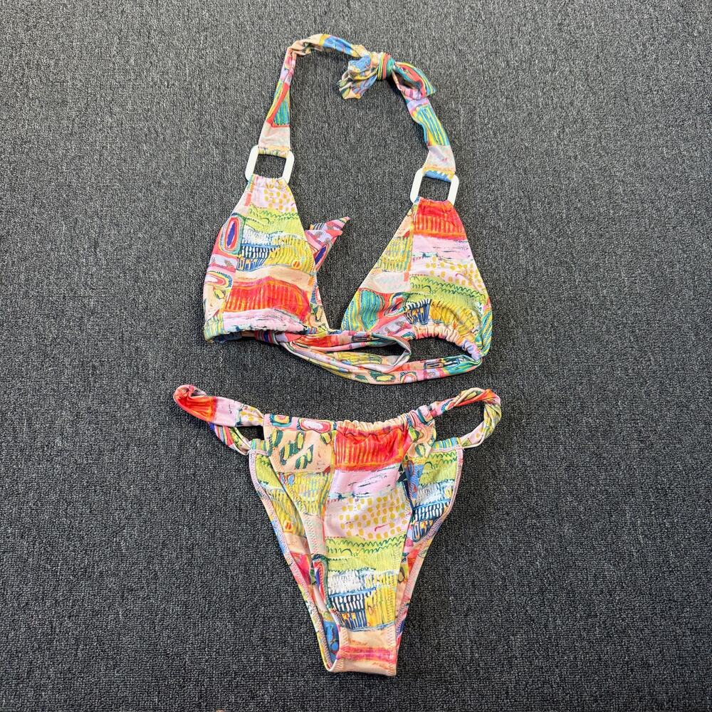 Vintage Y2k Strawberry Milk Mob Multicolor Hotter Tot Halter Tie Bikini Set L